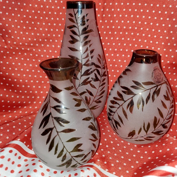 Vintage Lenox Frosted Green Botanical Glass Posy Vase Boho Decor Set of 3 - Picture 3 of 6